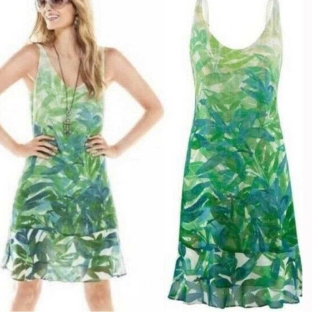 CAbi Green and Blue Leaf Print Midi Dress